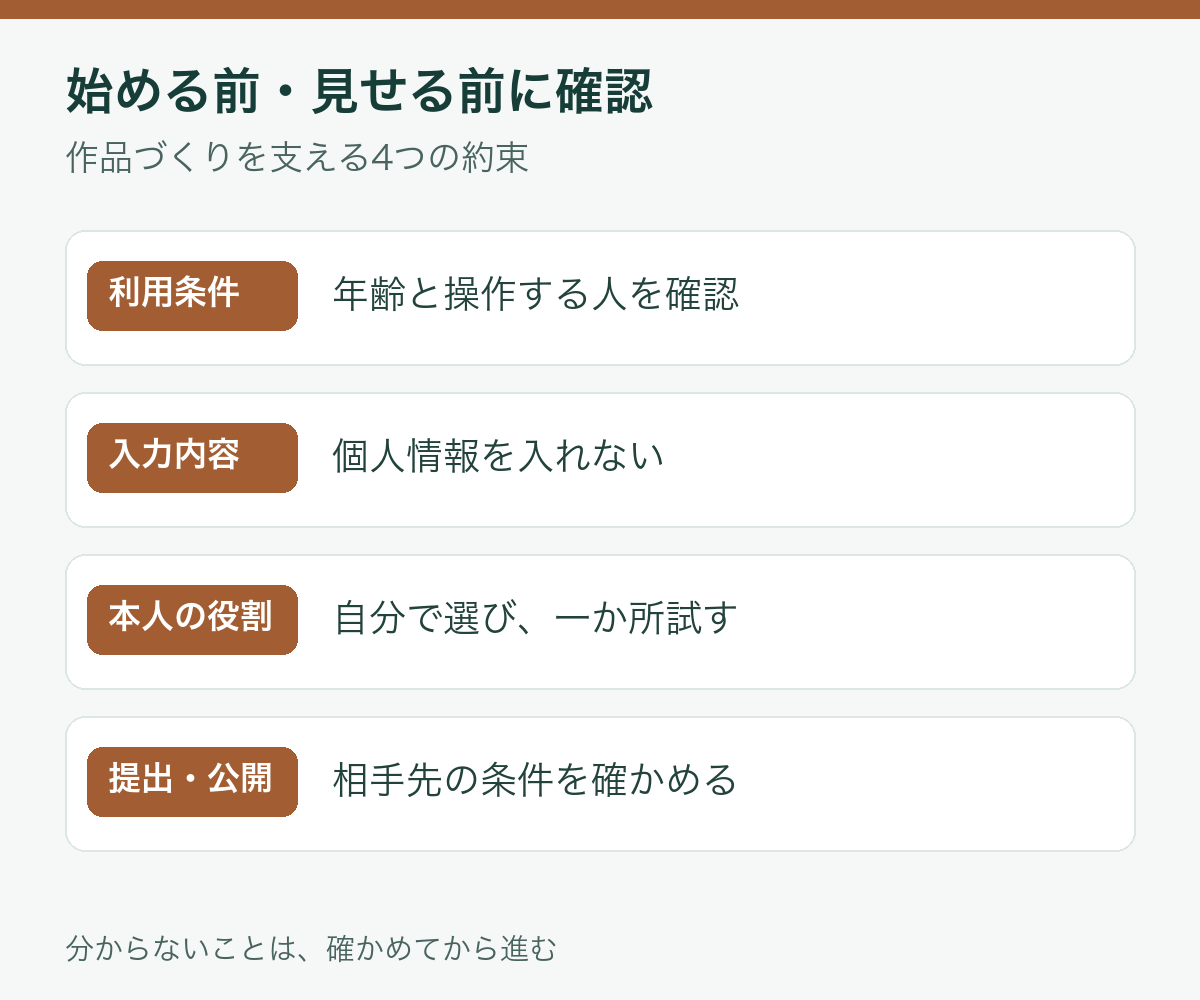 作品づくりの前後に確認する年齢と操作、入力情報、自分の変更、提出公開条件